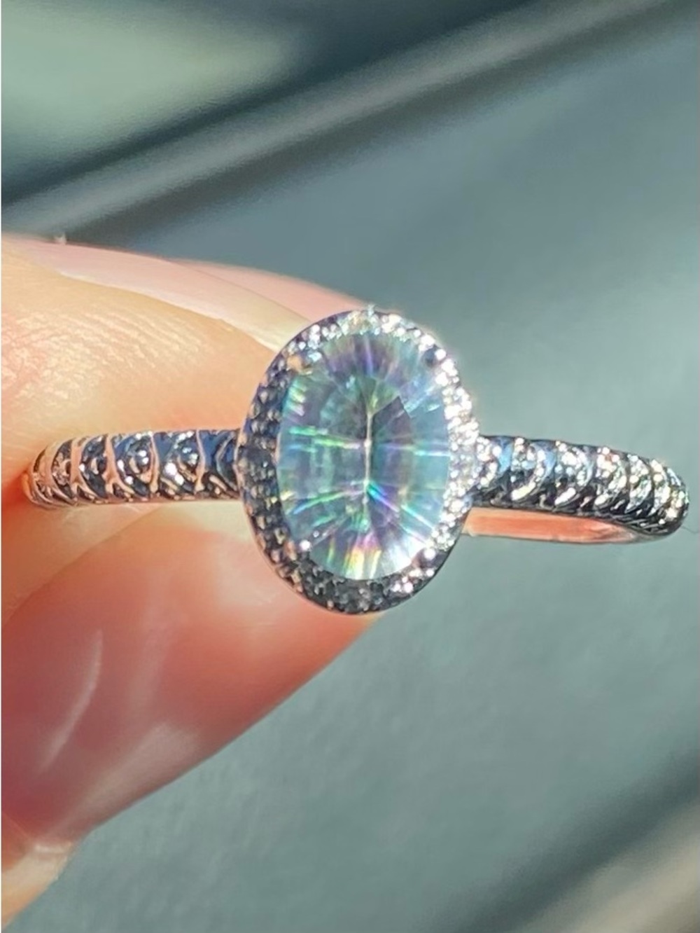 Silver Tone Mystic Topaz Halo Ring in Iridescent Blue-Green